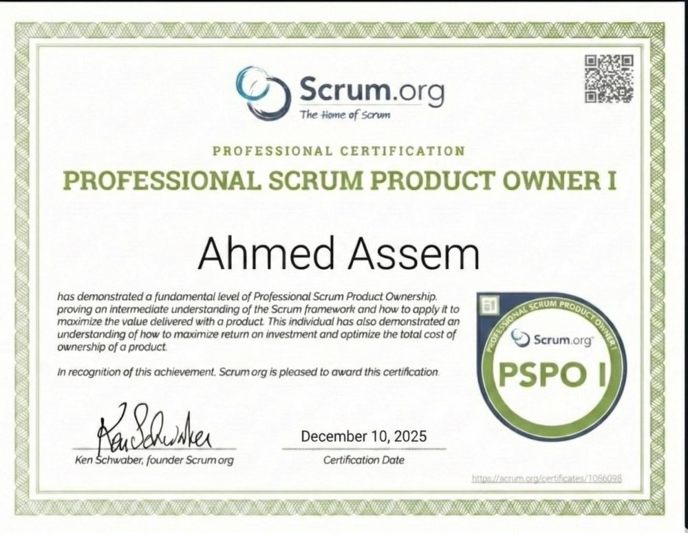 Professional Scrum Product Owner I certificate — Ahmed Assem