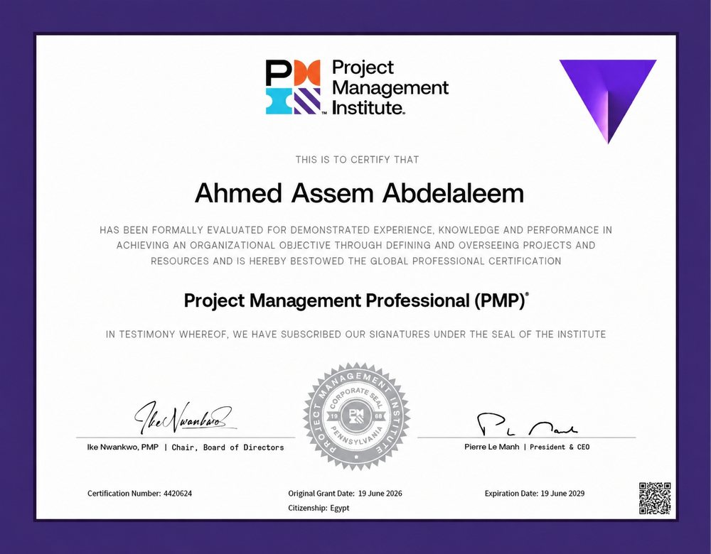 Project Management Professional (PMP) certificate — Ahmed Assem